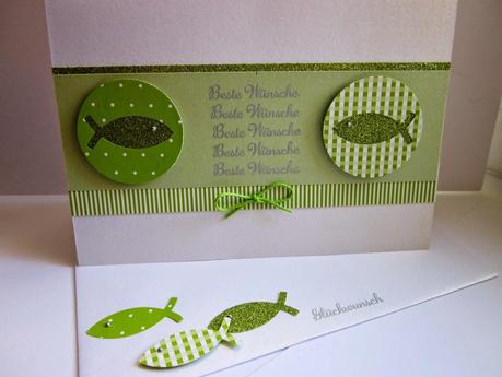 Taufkarte in Grün-Weiß mit Fischen