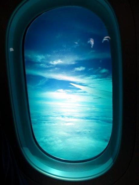 abgedunkeltes Fenster in der Boing 787-8 Dreamliner