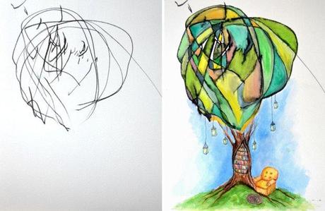 Mutter vollendet die Zeichnungen ihrer 2 jährigen Tochter