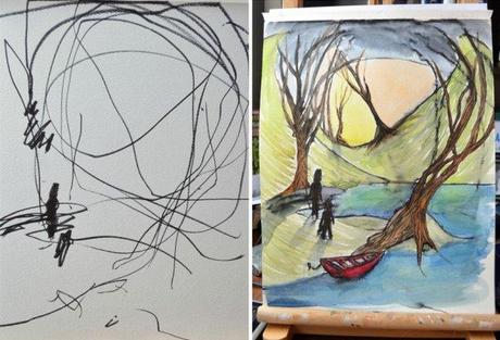 Mutter vollendet die Zeichnungen ihrer 2 jährigen Tochter