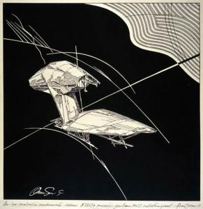 Lebbeus Woods. Geomagnetic Flying Machines. 1988. Tusche auf Transparentpapier auf Karton // Ink on tracing paper on board, 832 x 811 mm, © Estate of Lebbeus Woods