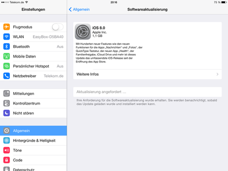 iPad iOS 8 Aktualisierung
