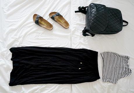 Festival look black maxi skirt striped crop top birkenstock madrid matte black forever21 backpack