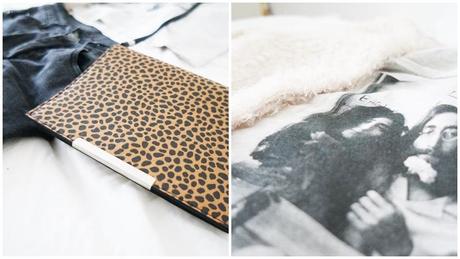 monki leo clutch and h&m crop top yoko and john lennon and furry jacket
