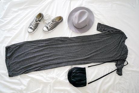 festival look converse striped maxi dress grey hat