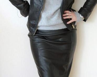 Black leather and grey soft angora wool