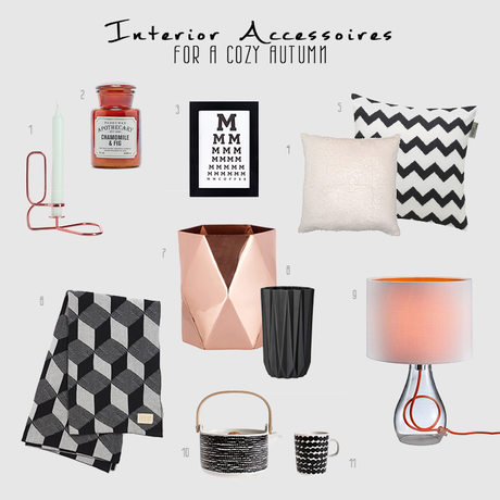 Interior accessoires for autumn in black white copper