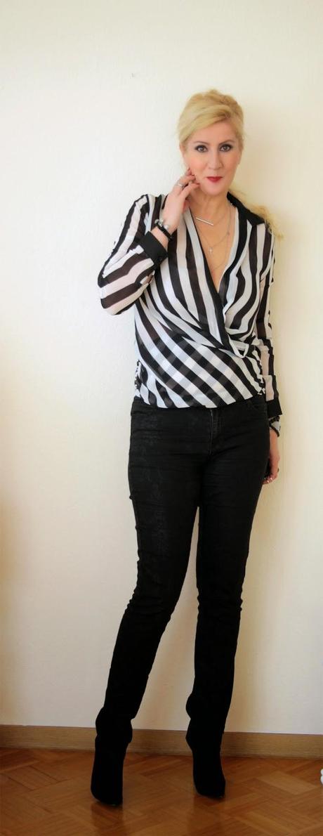 Black suede boots + black and white striped wrap blouse