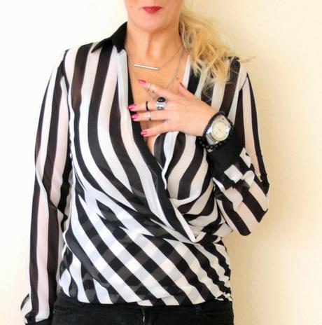 Black suede boots + black and white striped wrap blouse