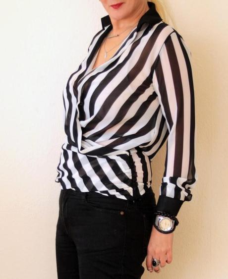 Black suede boots + black and white striped wrap blouse