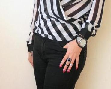Black suede boots + black and white striped wrap blouse