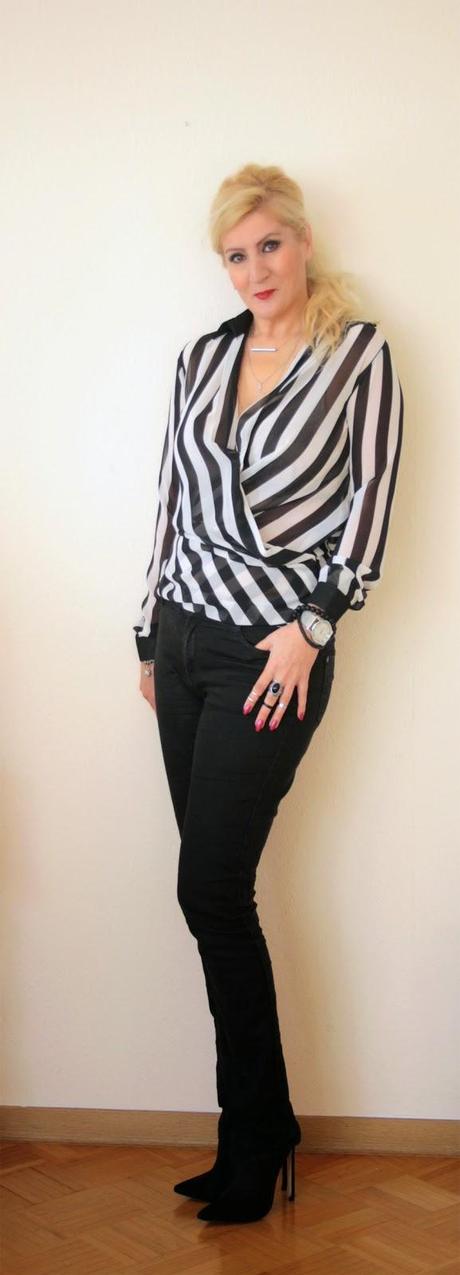 Black suede boots + black and white striped wrap blouse