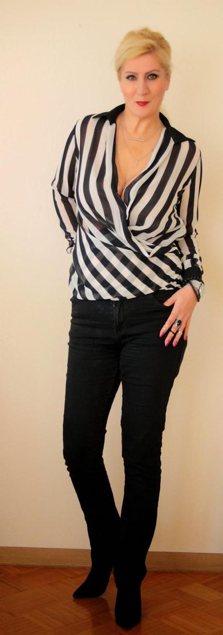 Black suede boots + black and white striped wrap blouse