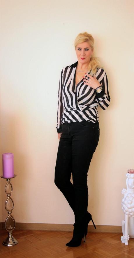 Black suede boots + black and white striped wrap blouse