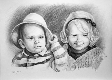 Kinderportrait, Doppel Portraitzeichnung vom Foto, Bleistift auf Papier