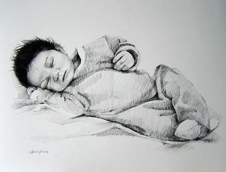 Babyportrait, Portraitzeichnung vom Foto, Bleistift auf Papier