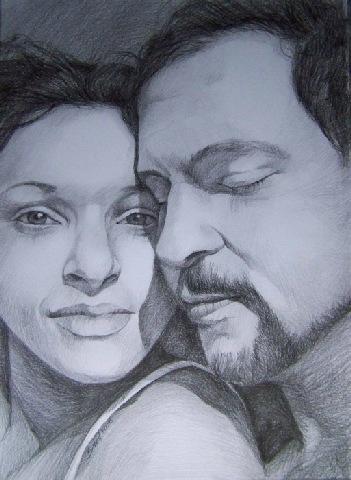 Doppelportrait, Paar, Mann und Frau vom Foto, Zeichnung auf Papier