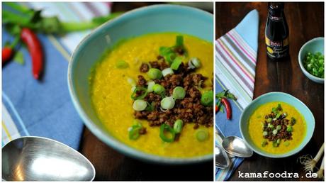 Trostsuppe in Gelb: Linsen-Kokossuppe mit gebratenem Ketjap Manis Rinderhack