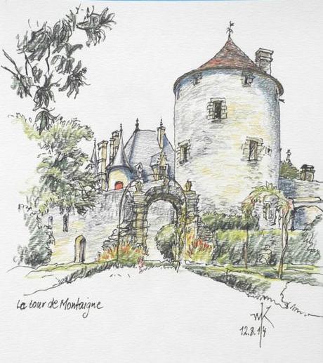 Wolfgang Krisai: Der Turm Montaignes auf Schloss St. Michel de Montaigne. Farbstift und Tuschestift. 2014.
