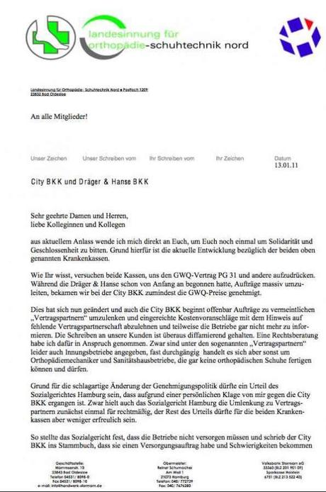 City BKK und Dräger & Hanse BKK: Die Landesinnung für Orthopädieschuhtechnik Nord lässt sich den GWQ-Vertrag nicht widerstandslos aufzwingen