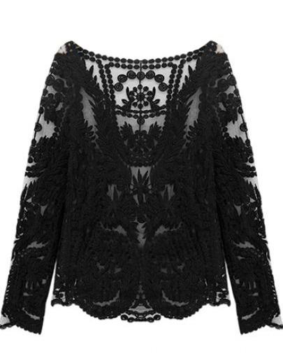 Black Long Sleeve Hollow Crochet Lace Blouse