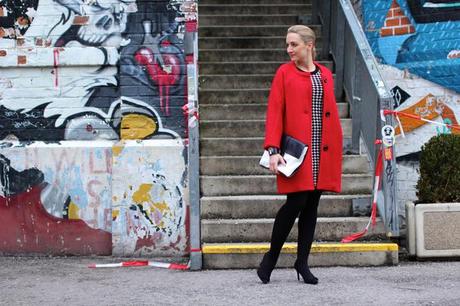 Red coat and houndstooth