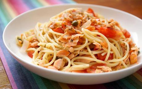 Spaghetti mit geräuchertem Lachs und Kapern
