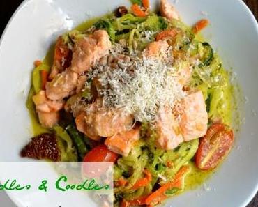 Low Carb Dinner: Zuccininudeln mit Lachs (mediteran)