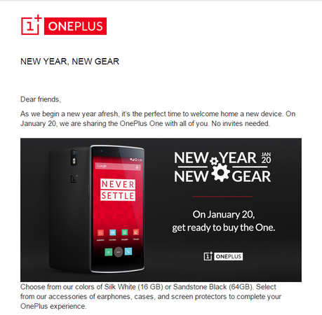 E-Mail Auszug von OnePlus: Am 20.Januar ohne Invite bestellen! ©Teknews