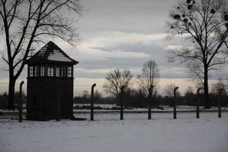 Wachturm und Zäune in Auschwitz-Birkenau. 