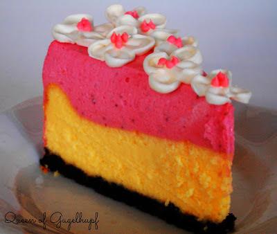 White Chocolate Cheesecake topped with Strawberry Mousse