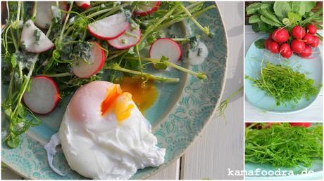 Erbsensprossen-Radieschen-Salat mit rahmigem Schnittlauchdressing und pochiertem Ei