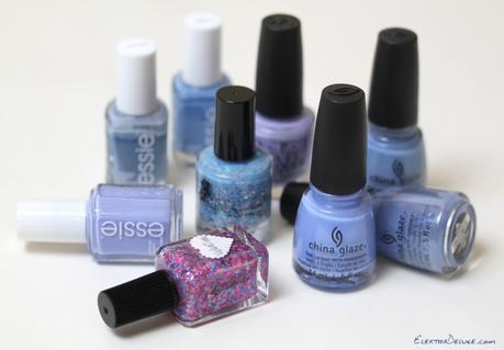 Essie Truth or Flare, China Glaze Fade Into Hue, KBShimmer Periwinkle in Time, Essie Lapiz of Luxury, China Glaze Secret Peri-wink-le, China Glaze Boho Blues, Essie Bikini So Teeny, OPI You're Such A BudaPest