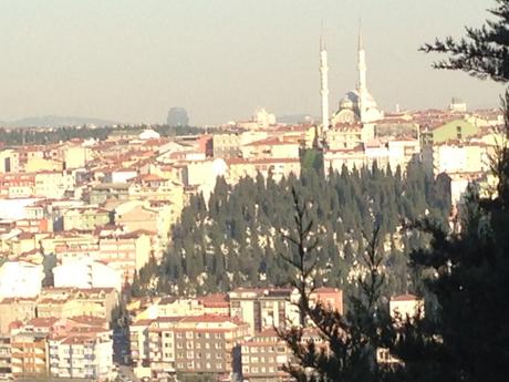 Häuser, Bäume und im Hintergrund ragen die Minaretts der Sultan Moschee in Eyüp dem Himmel entgegen.